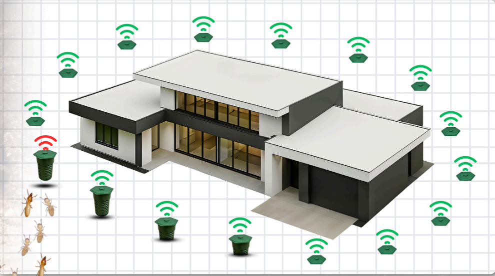 iTAS property protection — smart termite monitoring stations installed around a home